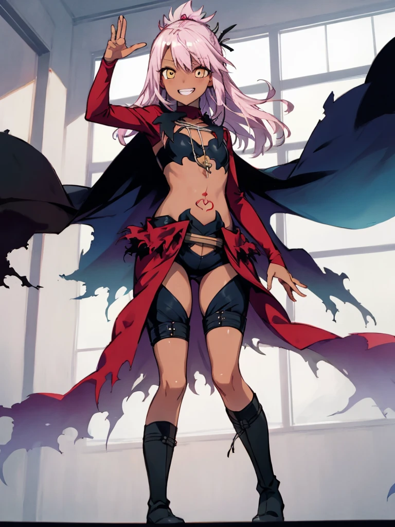 (extremely detailed fine touch:1.2), masterpiece, best quality, highly quality  perfect face, lustrous skin, narrow waist, wide hips, perfect face,   chloekuro, long hair, dark skin, dark-skinned female, pink hair, navel, boots, waist cape, cape, stomach tattoo, hair ornament, yellow eyes, small breasts, standing,from below,grin,indoor