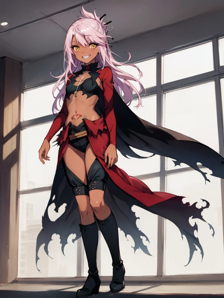 (extremely detailed fine touch:1.2), masterpiece, best quality, highly quality  perfect face, lustrous skin, narrow waist, wide hips, perfect face,   chloekuro, long hair, dark skin, dark-skinned female, pink hair, navel, boots, waist cape, cape, stomach tattoo, hair ornament, yellow eyes, small breasts, standing,from below,grin,indoor