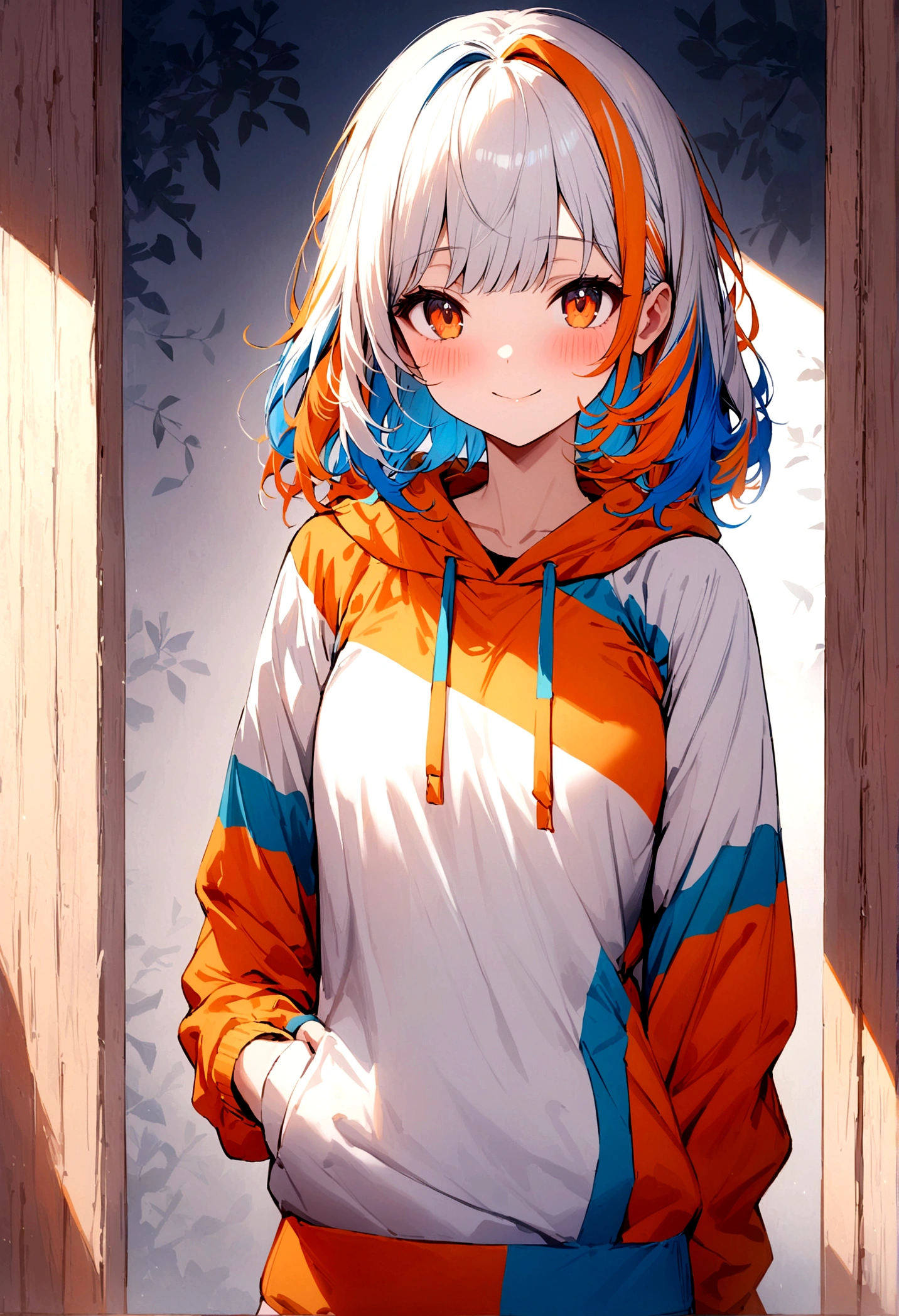 masterpiece, best quality, high resolution, Sportswear, 1 girl, solitary, Short and delicate hair, Looking at the audience, Colorful hair, Orange Hair, White hair, Blue Hair, Weaving, By Bangs, Orange eyes, Striped hair, long sleeve hoodie:1.4), background, 橙色background, blush, Smile, Floral pattern on hoodie