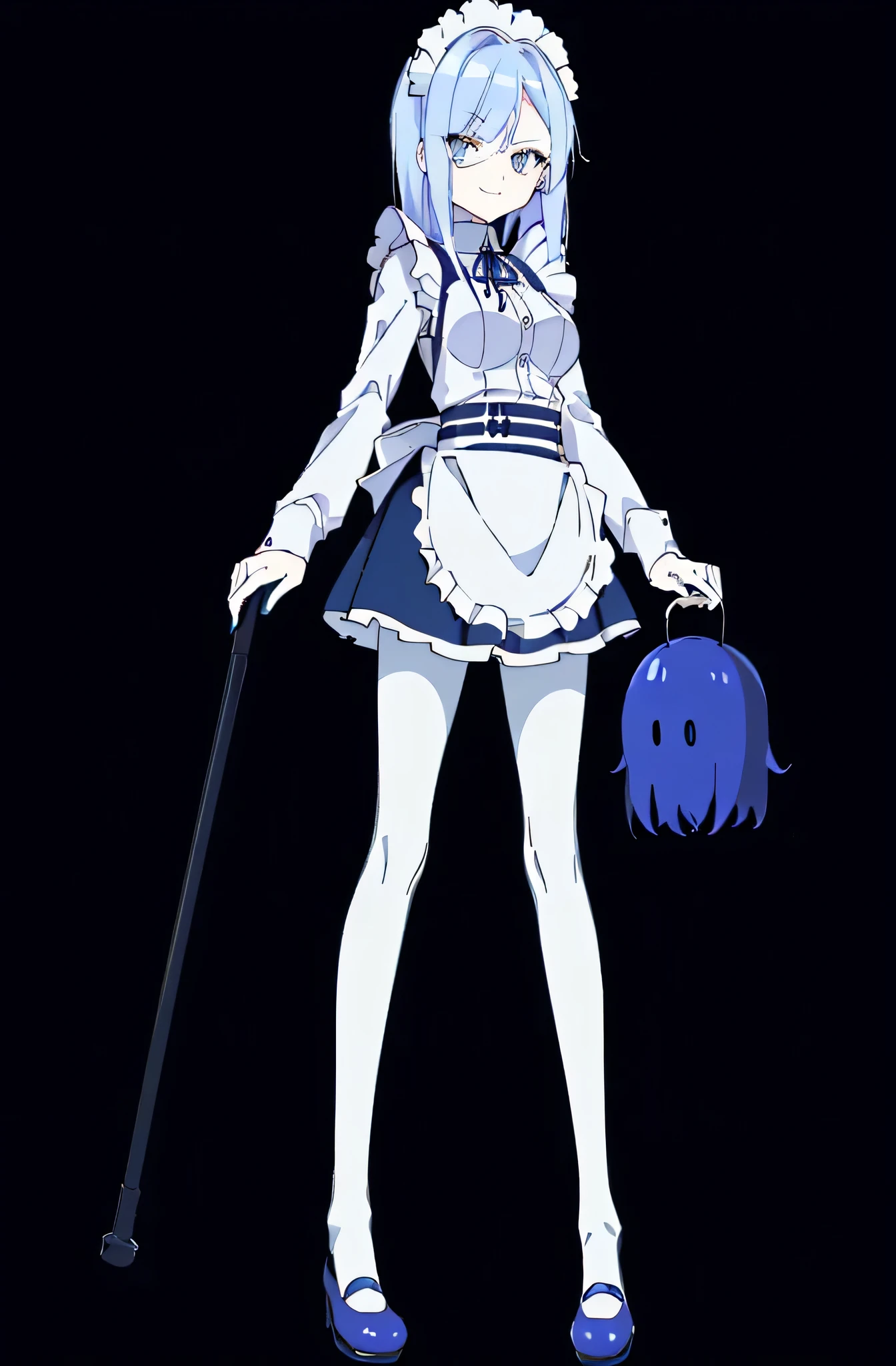 ((cathedral background)),1 girl,blue hair, plump and slender girl, (girl wearing white shirt, black wrinkled skirt, with black transparent pantyhose), ((blue medium hair)),((White Maid Costume)),blue eyes,((whole body)),whole body,((White Maid Costume)),((White Maid Costume)),evil smile,((cathedral background)),((cathedral background)),((slim body)),((slender body)),((thin legs)),
