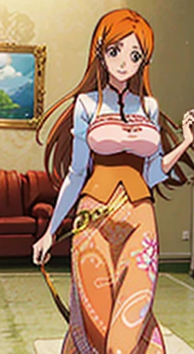 1girl, Orihime Inoue, orange hair, longe hair, pink dress, stripy print outfit, legins, longe slevees, blue hair clip, hairband, room, Indoors, smiling, long slevess dress, long skirt dress,