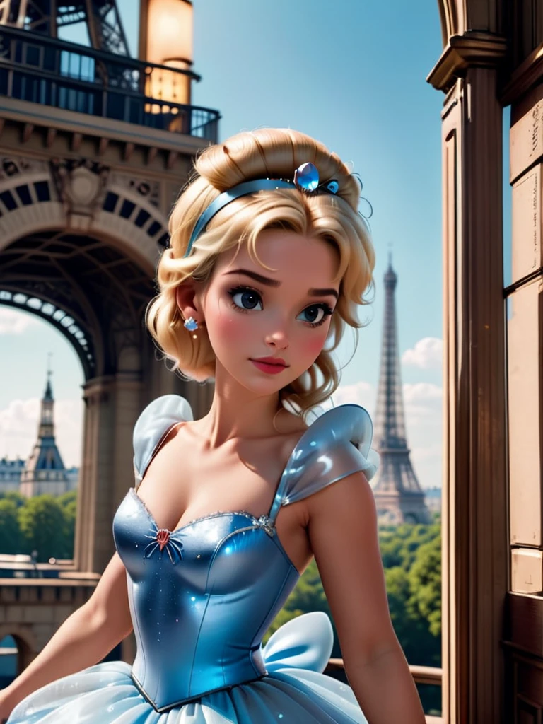 cinematic photo, Blonde Cinderella, in Paris Eiffel Tower,très sexly, photographie 35 mm, film, professionnel, 4K, very detailed, sexly