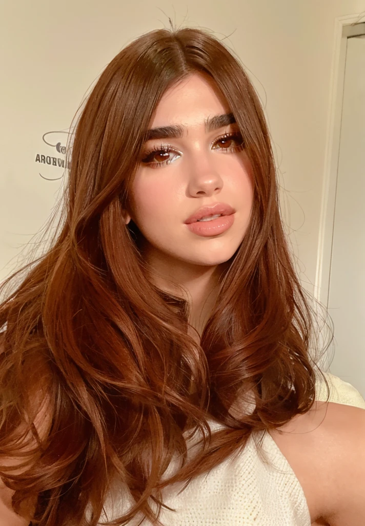 Dua lipa bright makeup face, realistic with long hair details