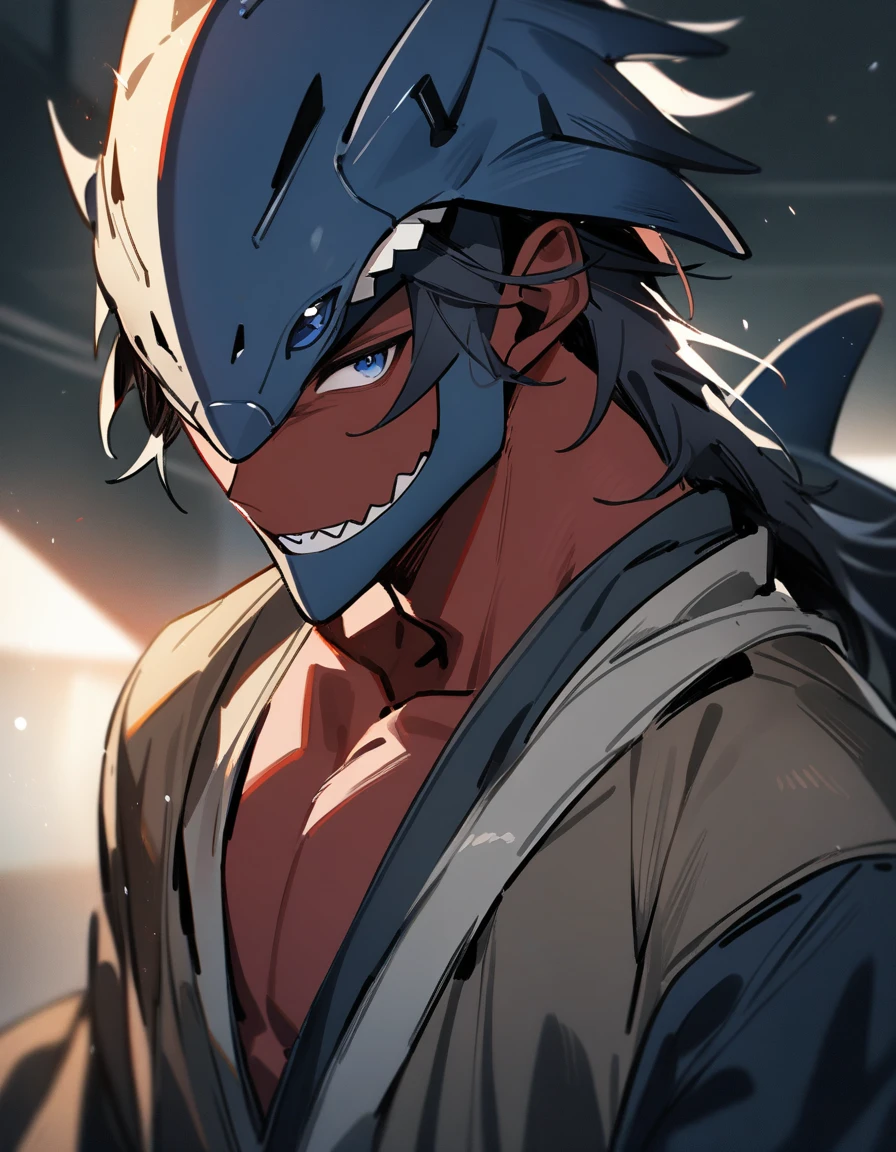 (1boy,) male focus, shark hybrid, dark blue eye color, masterpiece, best quality, high quality, upper body, male focus, red skin color