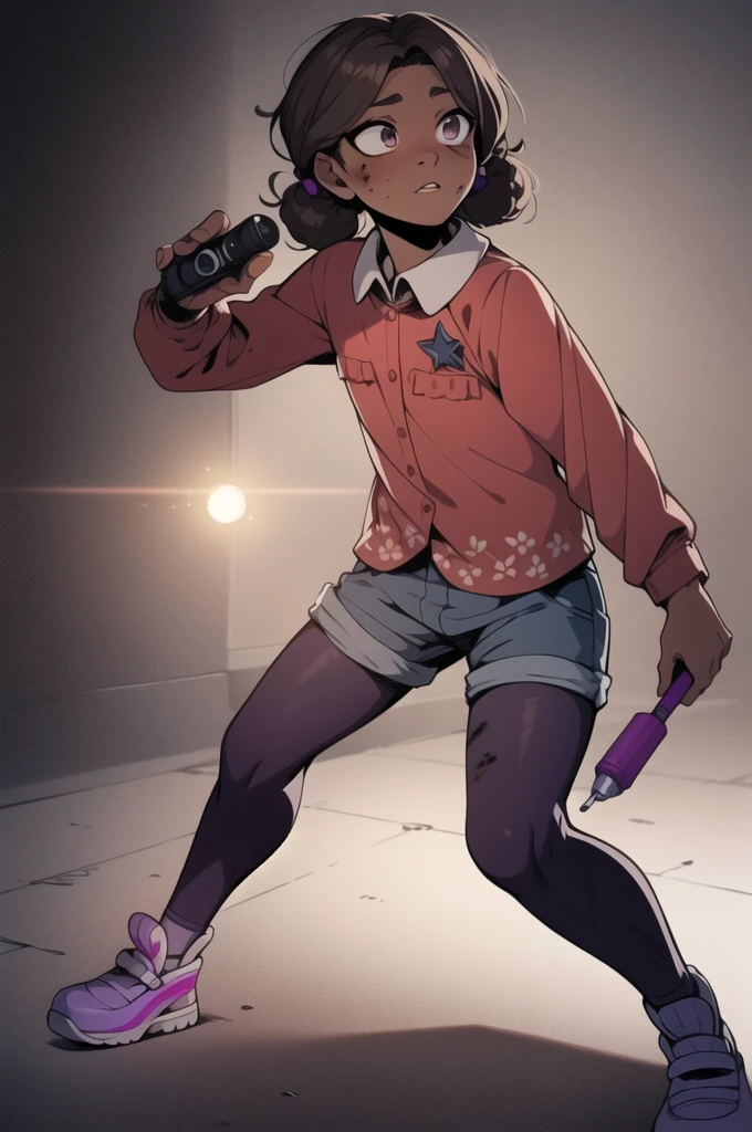 cassie(fnaf), screen cap, detailed background, masterpiece, best quality cassie, detailed background, holing flashlight, dark, , injured, full body, ripped clothing, scratches and bruises, barely conscious, detailed pizzaplex background, detailed shading, detailed ambient light, detailed background, masterpiece,