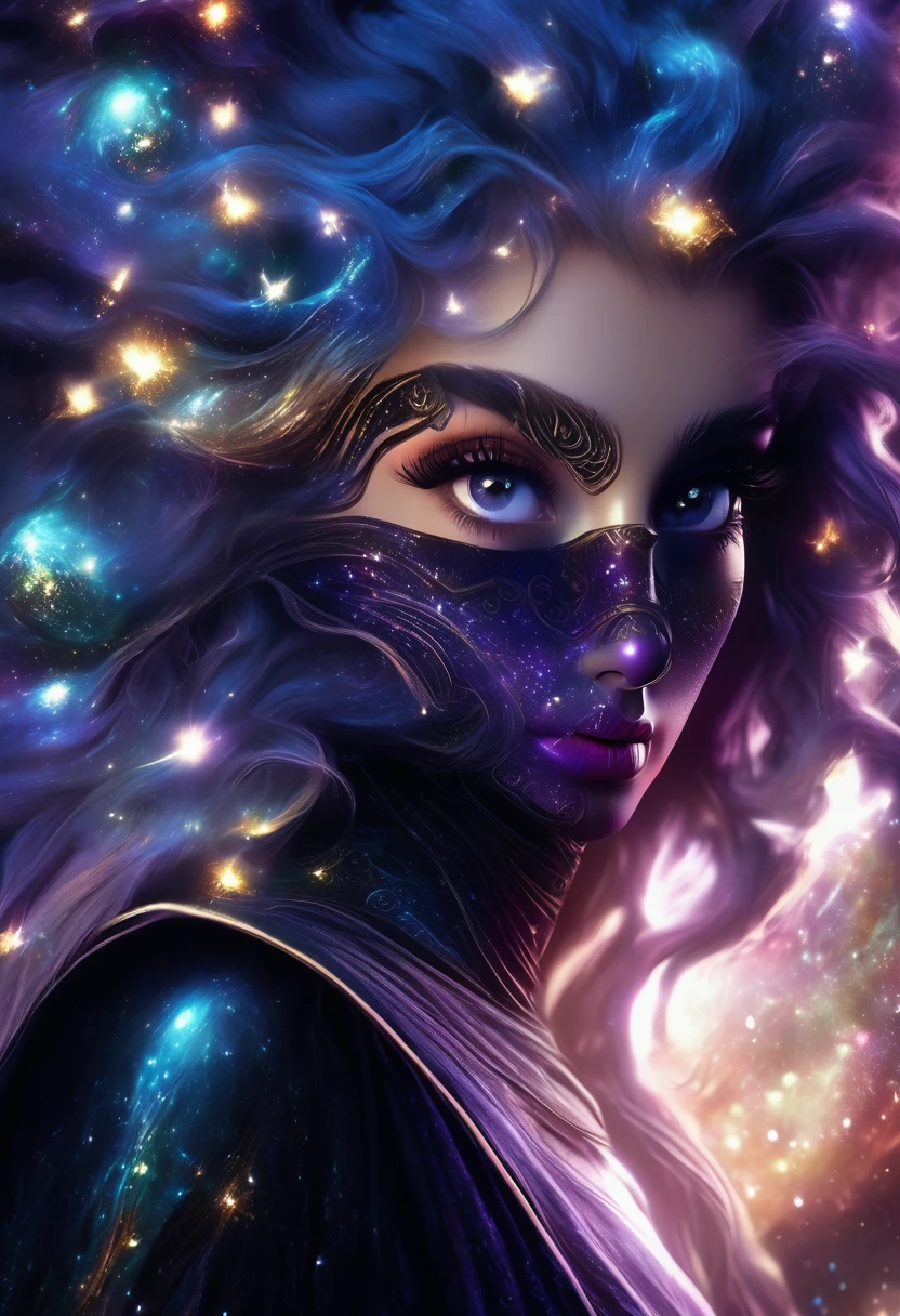 plano general, cuerpo entero, astrologa, magia astros, idílico, 1girl:1.5, beautiful detailed eyes, beautiful detailed lips, extremely detailed face and eyes, long eyelashes, elegant flowing dress, galaxy stars space background, cinematic lighting, ultra-realistic, 8k, high quality, masterpiece, photorealistic, hyper detailed, intricate details, dramatic lighting, vibrant colors, fantasy, concept art style