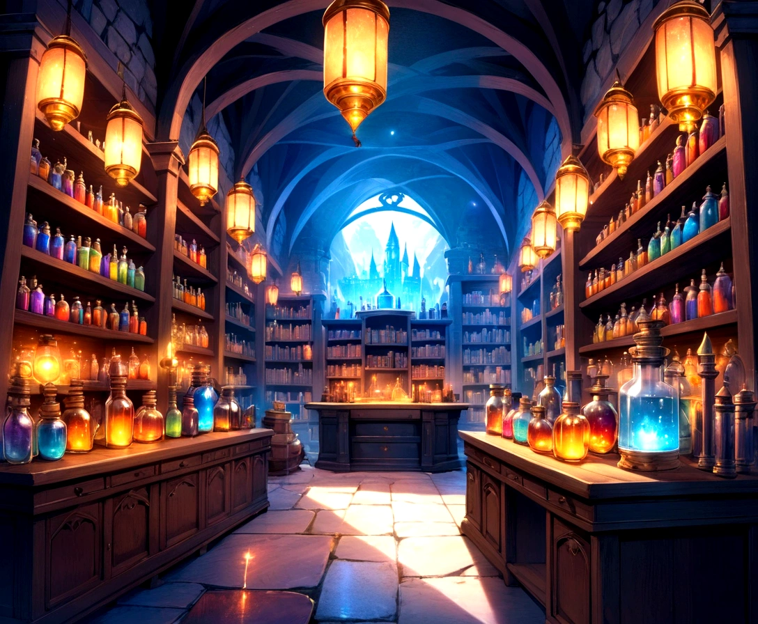 front view in the middle Mystical laboratory inside a castle with shelves of potion bottles, magical books, and artifacts with lanterns and glowing lights, realistic, good colors, good lighting, good reflections, highly detailed, game art