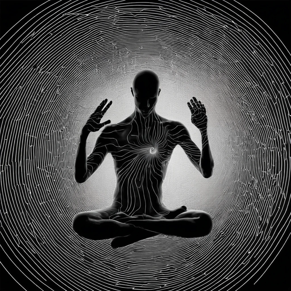 Portrait of a meditating man, Black and white spiral lines，Five fingers，The human body is structurally accurate