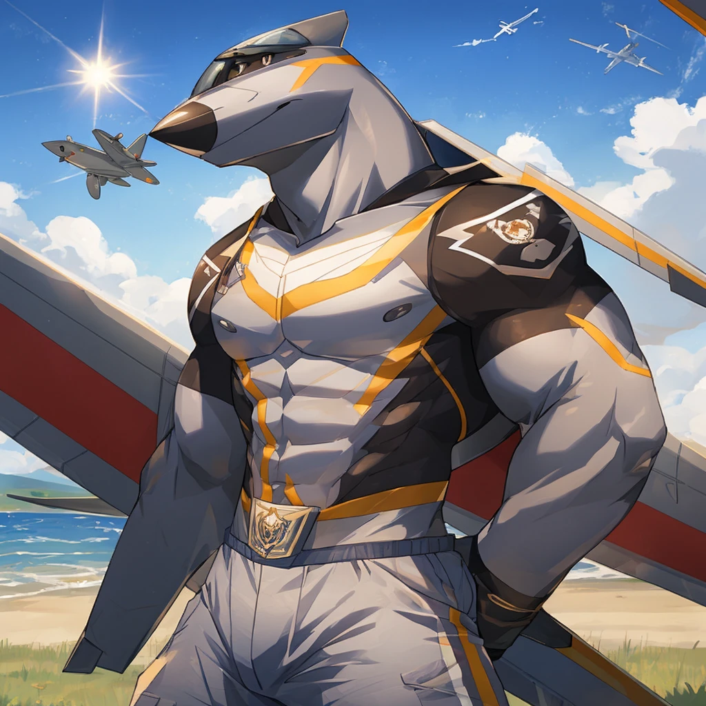 Aeromorph, male, eurofighter typhoon, black sclera, white pupils, plane wings, plane tail, grey body, posing, sunny day, alone, 