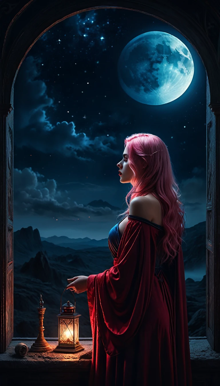 An abstraction of horror in a dark fantasy world where a woman astrologer is looking at the stars of the night sky and tries to predict the future, sketches of constellations held in hand.

Medium: Dark and surrealistic illustrations,
Additional details: A moonlit sky with eerie shades of red and blue, long and airy robes of astrology,
Image quality: (best quality, 4k, highres, masterpiece:1.2), ultra-detailed, (realistic, photorealistic, photo-realistic:1.37),
Art style: Horror, fantasy, surrealism,
Color palette: Dark and gloomy colors with stark contrasts, shadows and lights
Lighting: Soft moonlight casting eerie shadows. Ingrid, pink hair, long hair, bare shoulders, 