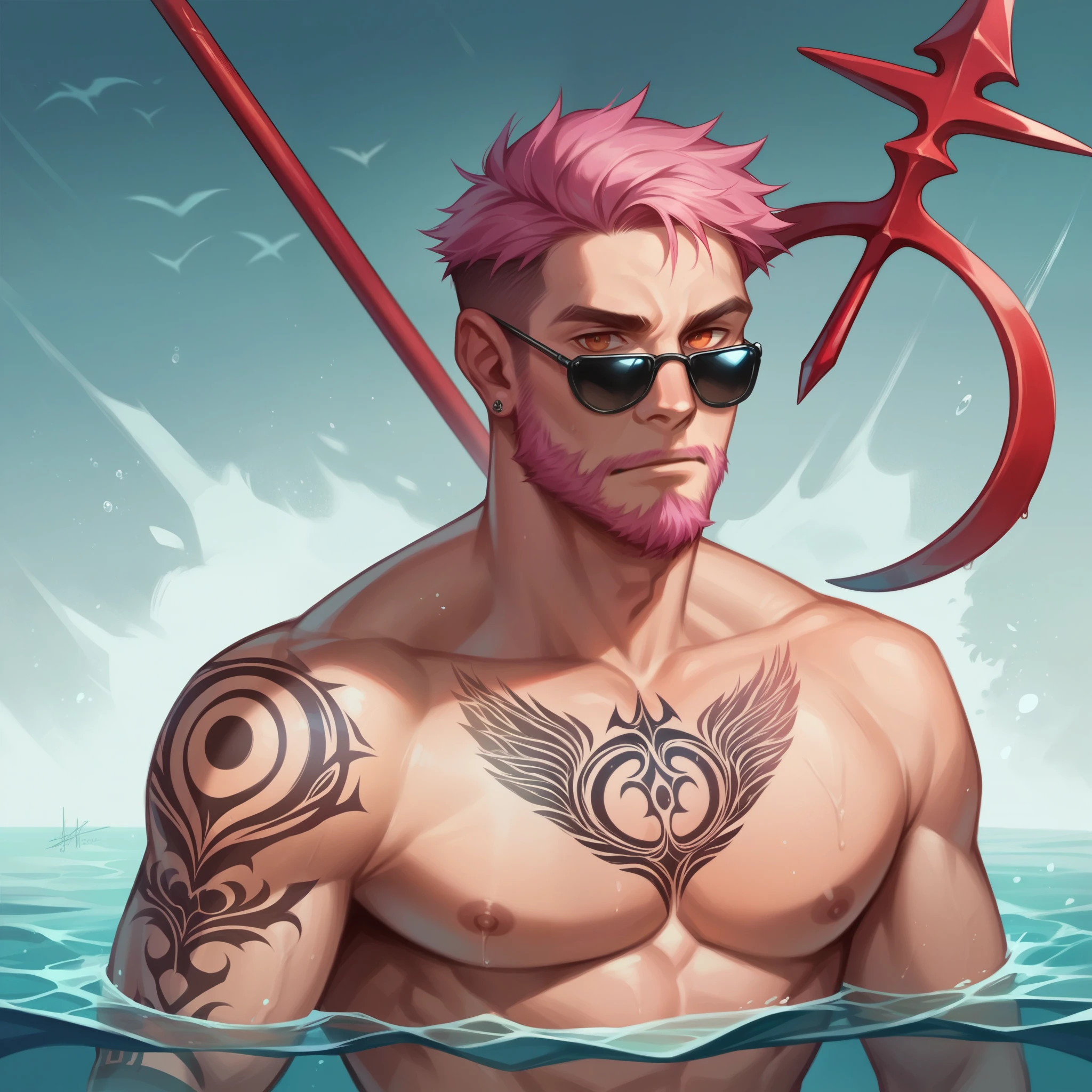 Strong man, short pink hair, short beard, he has orange eyes, is under water, Has tattoos in all shades of black, It has a golden trident, Realistic drawing style, focus on the face