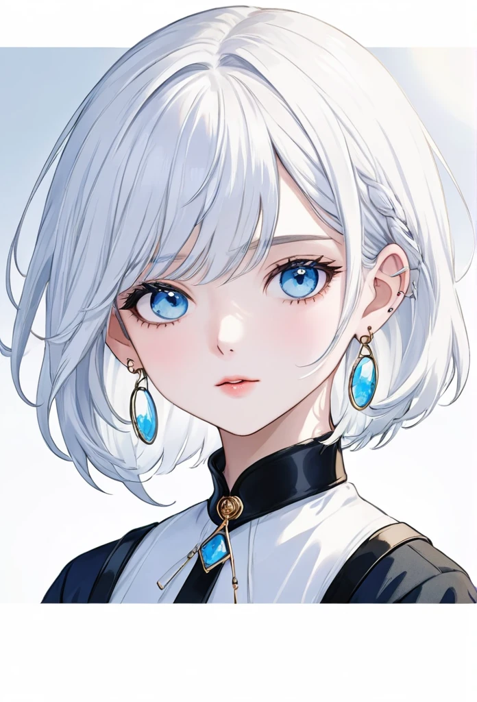 Boy with white hair somewhat long to the neck, with fringe up to the ear, big tender light blue eyes, delicate white skin with hoop earrings