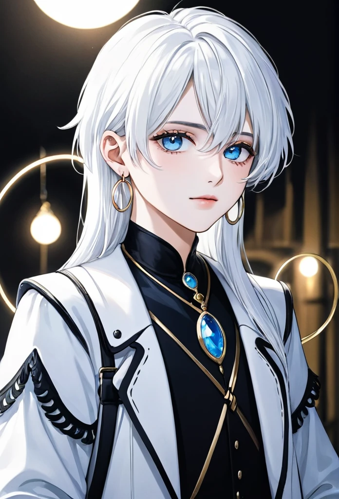 Boy with white hair somewhat long to the neck, with fringe up to the ear, big tender light blue eyes, delicate white skin with hoop earrings