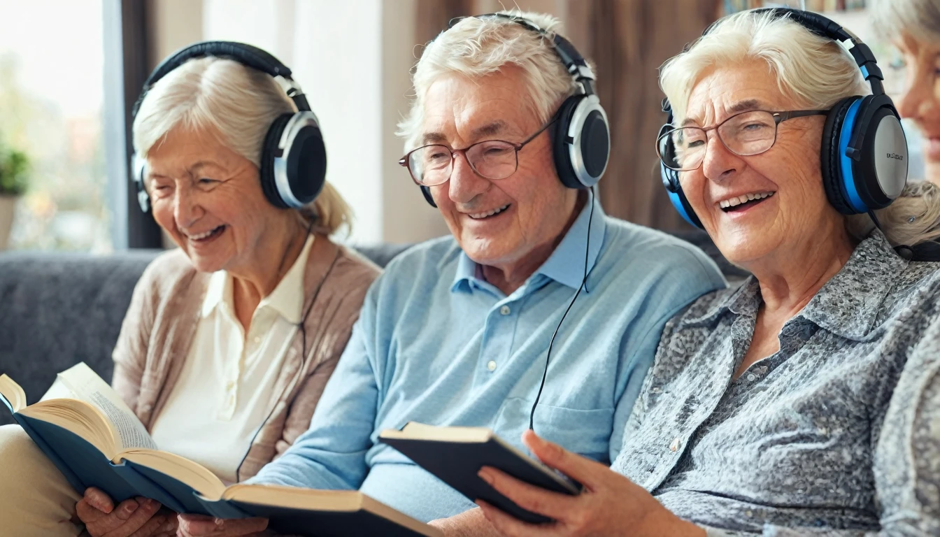 elderly people with headphones listening to an audio book 