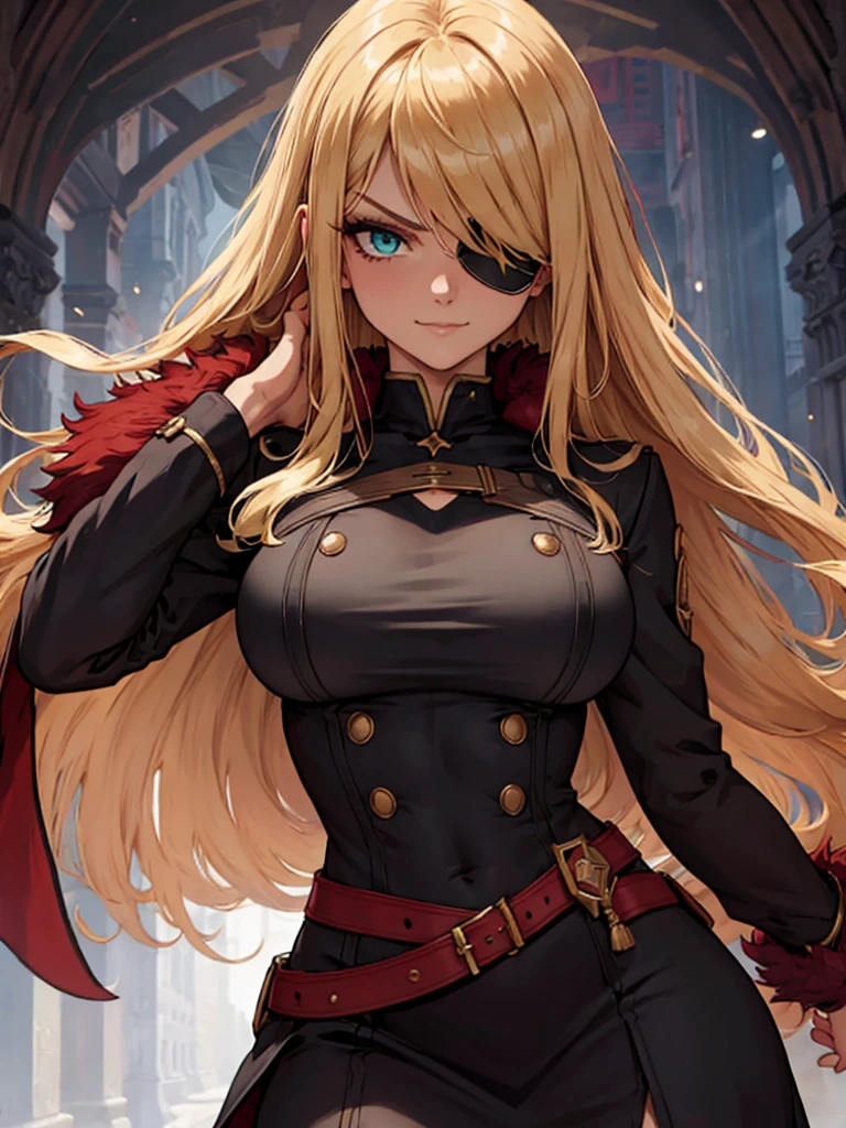 ((masterpiece)), ((best quality)), 1girl, adult, long hair, ((blonde hair)), blonde hair, ((intimidant look)), ((close-up)), green eyes, black and red clothes, sexy, dark colors, brillant eyes, ((coat with fur)), ((wavy hair)), perfect hands, ((sexy pose)), ((intimidant look)), good anatomy, ((dark sage clothes)), ((straight cut bangs)), emotionless, intimidant, ((beautiful eyes)), close up, ((detailed eyes)), beautiful eyes, ((detailed face)), hair bang, frontal look, abs, smile, detailed face, eyepatch, full body