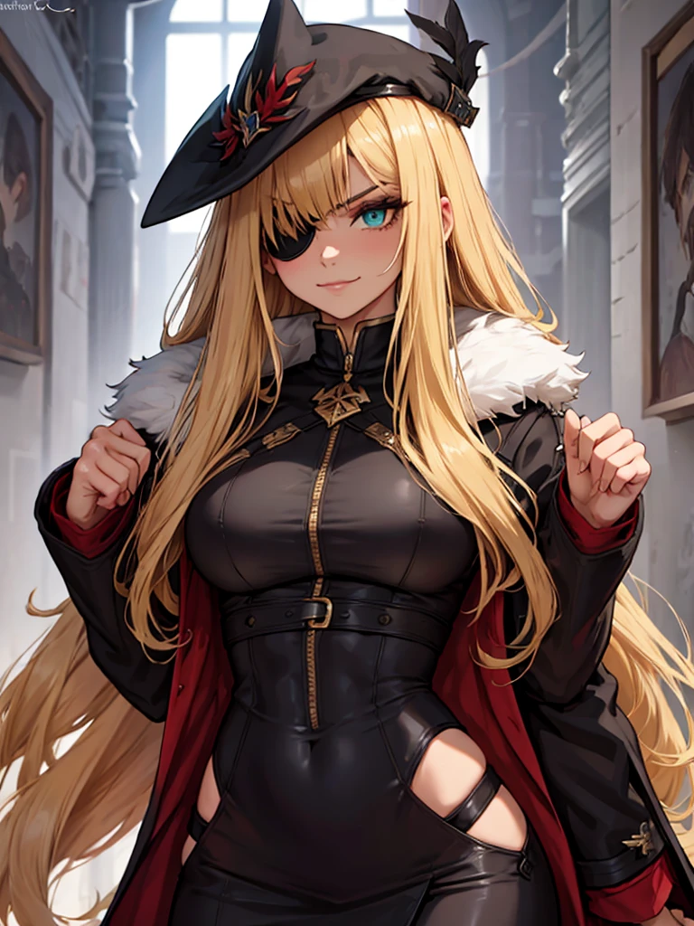 ((masterpiece)), ((best quality)), 1girl, adult, long hair, ((blonde hair)), blonde hair, ((intimidant look)), ((close-up)), green eyes, black and red clothes, sexy, dark colors, brillant eyes, ((coat with fur)), ((wavy hair)), perfect hands, ((sexy pose)), ((intimidant look)), good anatomy, ((dark sage clothes)), ((straight cut bangs)), emotionless, intimidant, ((beautiful eyes)), close up, ((detailed eyes)), beautiful eyes, ((detailed face)), hair bang, frontal look, abs, smile, detailed face, eyepatch, full body