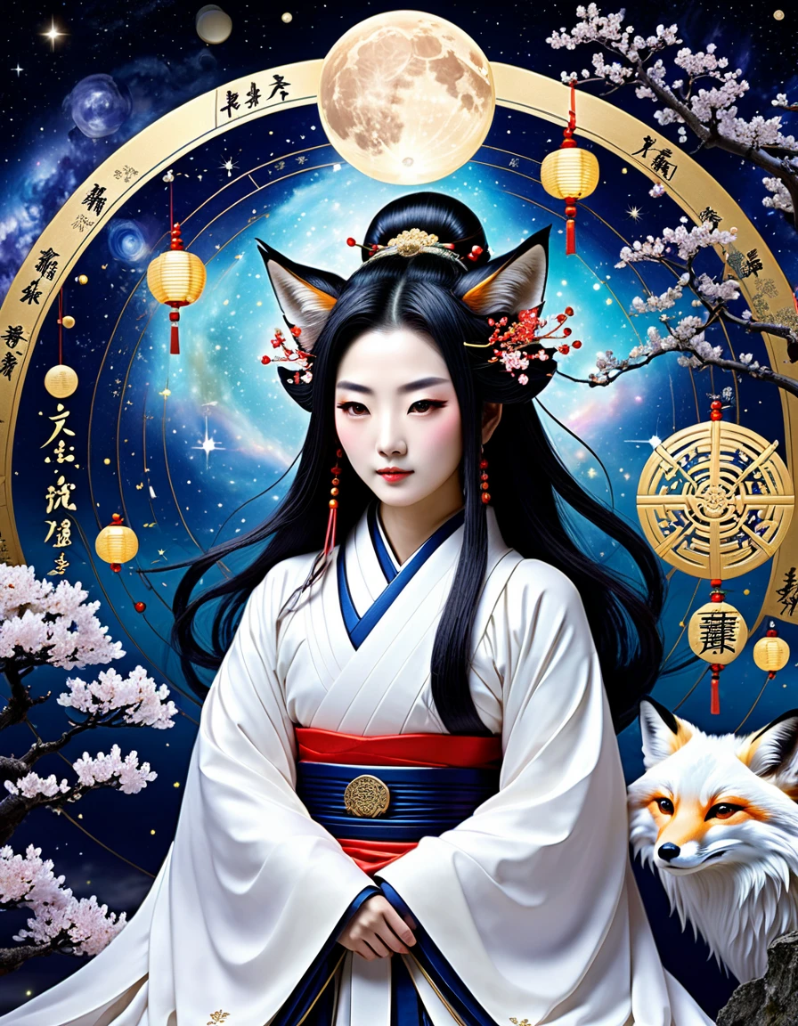 Ancient Japanese astrologers_Legendary Onmyoji_Abe no Seimei、Guardian of the Fox、Mysterious atmosphere、Crystal Jade、１２Manipulate the constellations:1.5
