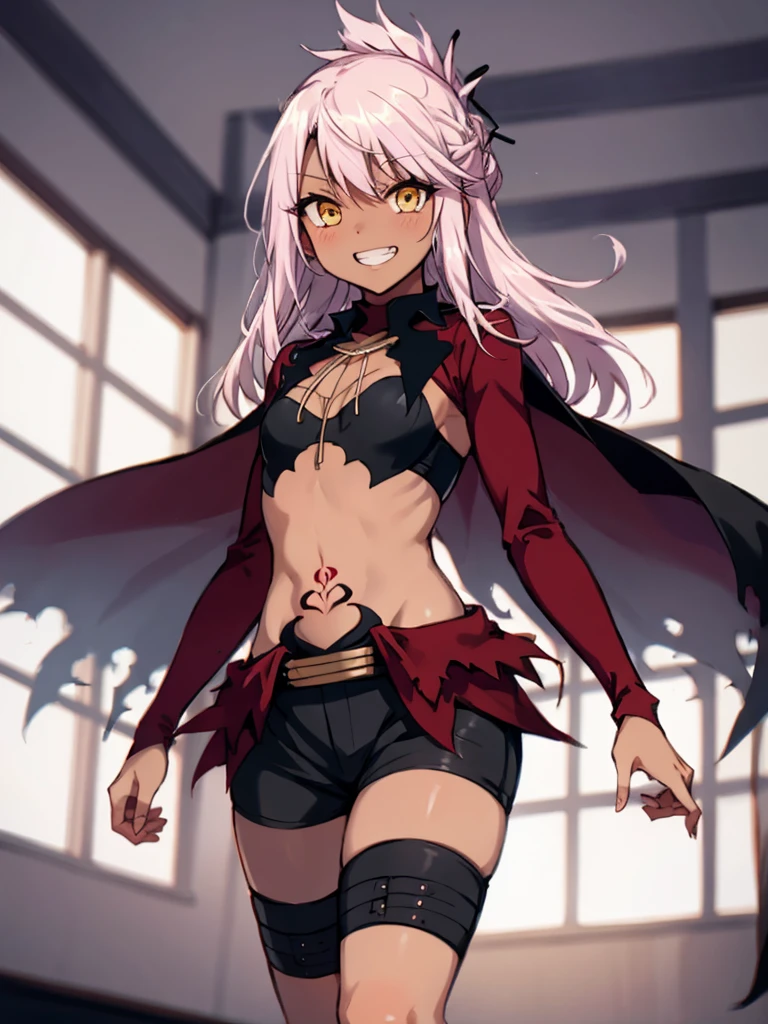 (extremely detailed fine touch:1.2), masterpiece, best quality, highly quality  perfect face, lustrous skin, narrow waist, wide hips, perfect face,   chloekuro, long hair, dark skin, dark-skinned female, pink hair, navel,black shorts, waist cape, cape, stomach tattoo, hair ornament, yellow eyes, small breasts, standing,from below,grin,indoor