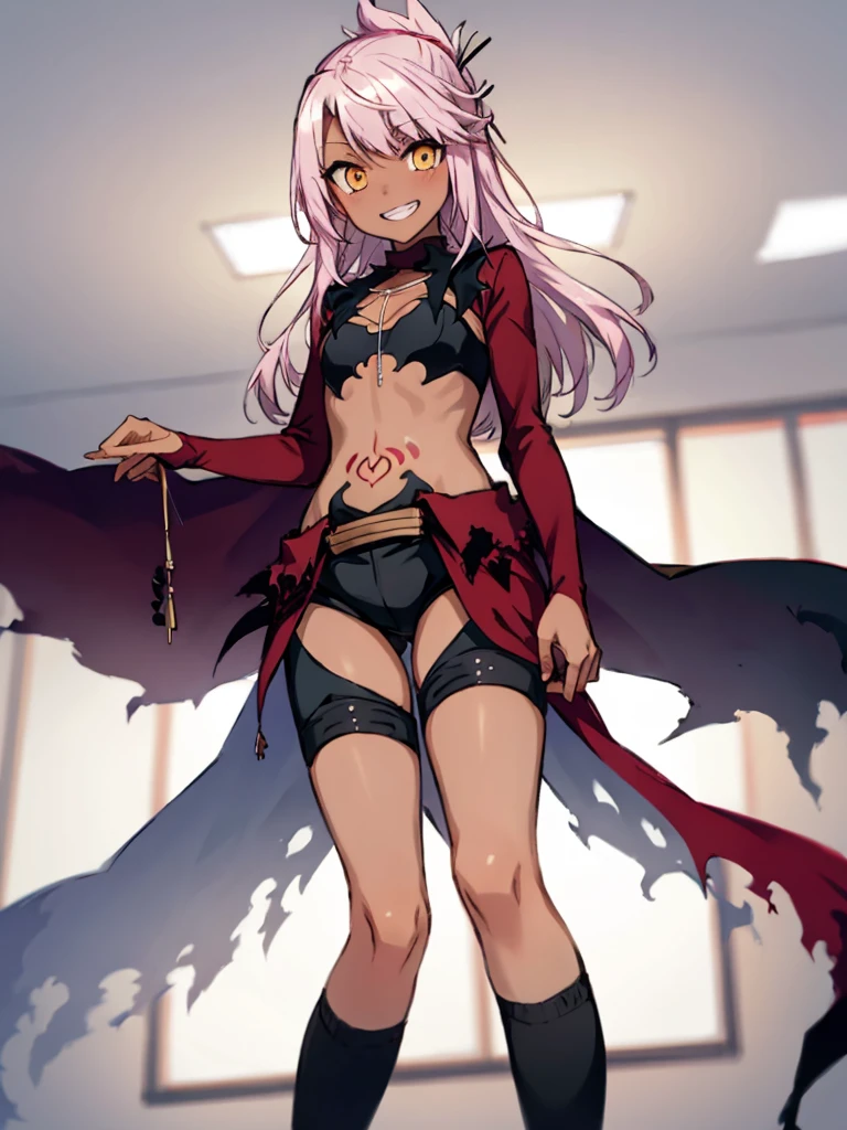 (extremely detailed fine touch:1.2), masterpiece, best quality, highly quality  perfect face, lustrous skin, narrow waist, wide hips, perfect face,   chloekuro, long hair, dark skin, dark-skinned female, pink hair, navel,black shorts, waist cape, cape, stomach tattoo, hair ornament, yellow eyes, small breasts, standing,from below,grin,indoor