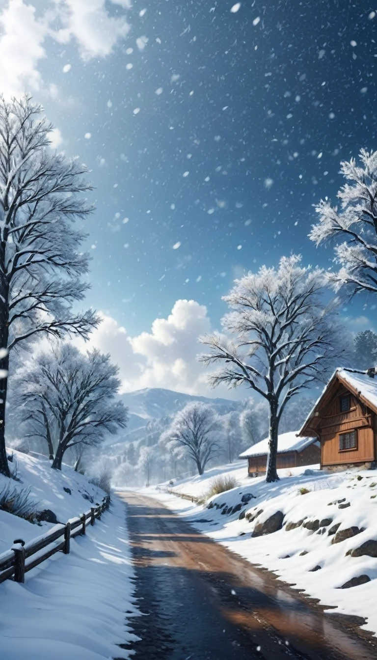 Landscape with falling snow, ultra-realistic, photo-realistic, ultra-definition, 4K, top quality, masterpiece,