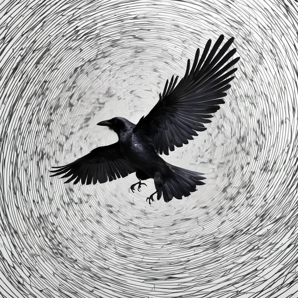 Crow flying portrait, Black and white spiral lines  