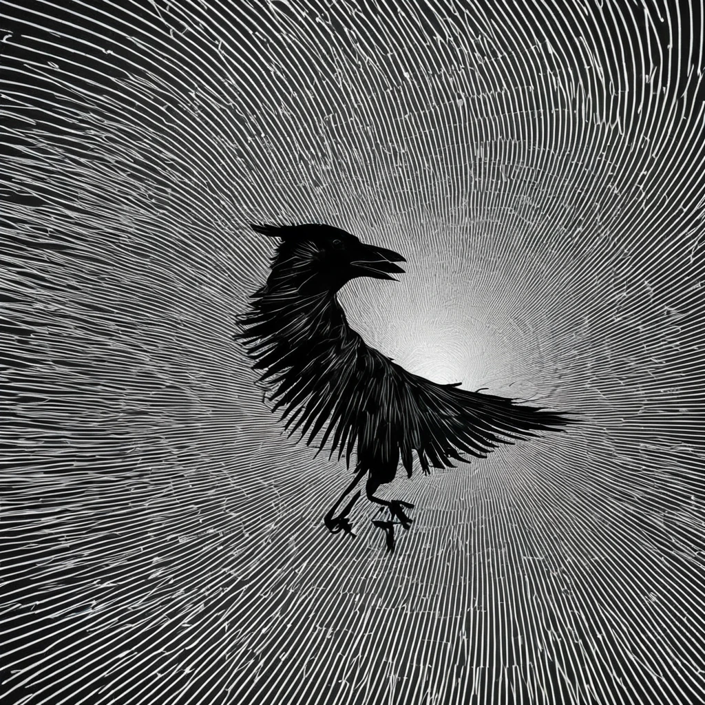 Crow flying portrait, Black and white spiral lines  