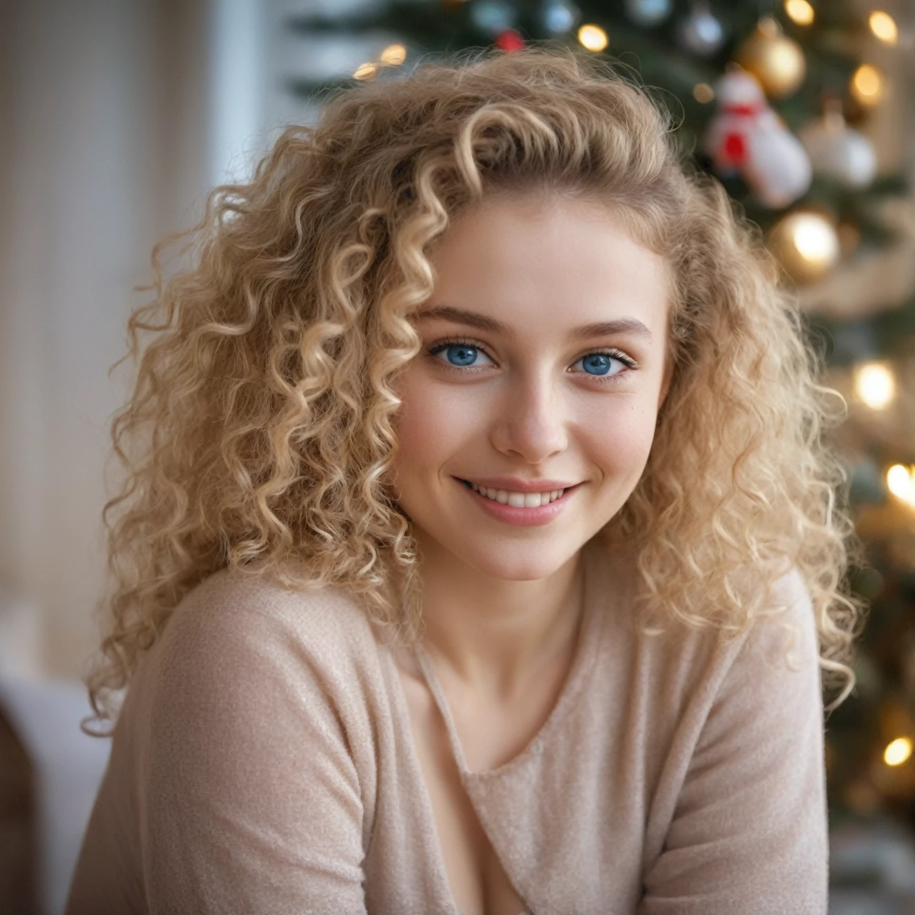 1 cute lithuanian lady, pleased, iced sparkling azure eyes, silk skin texture, skin grain, curly hair , christmas morning, cozy, warm light