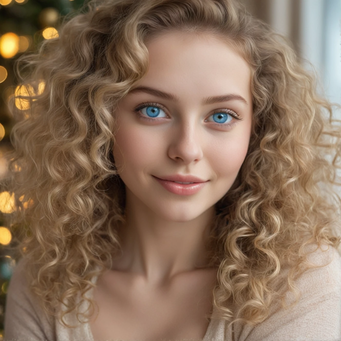 1 cute lithuanian lady, pleased, iced sparkling azure eyes, silk skin texture, skin grain, curly hair , christmas morning, cozy, warm light