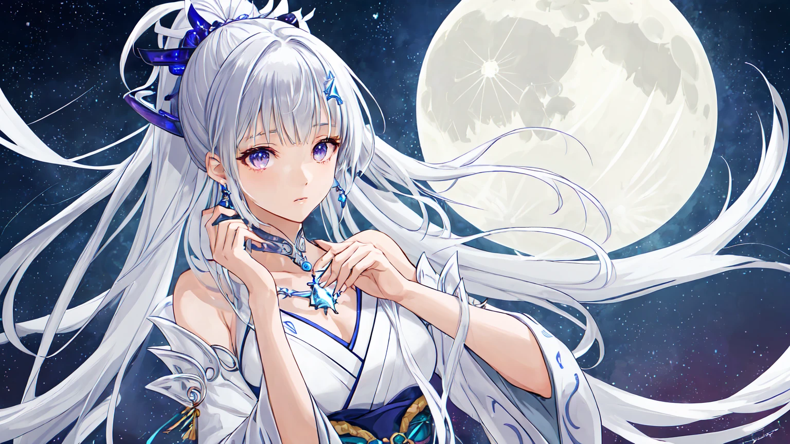 "vertical fantasy and sci-fi full-body portrait of Aiko Hoshizora, a slim, athletic woman with fair, glowing skin, long, flowing white hair in a high ponytail with a star-shaped hair clip, and loose strands framing her face. She has large, expressive eyes resembling galaxies, blending deep blues, purples, and silvers with tiny specks of light. She wears a blend of traditional Japanese kimono and futuristic space suit, with shimmering silver fabric, blue accents, and star and moon motifs. The wide, flowy sleeves have a holographic sheen. She wears a choker with a glowing crystal pendant, crescent moon earrings, and a silver bracelet with tiny star charms. The background has soft, ambient lighting, and the dominant textures are smooth and shimmering. Dominant colors: #FFFFFF (white), #0000FF (blue), #800080 (purple), #C0C0C0 (silver). The image is high-resolution and detailed, with an ethereal, mystical mood."