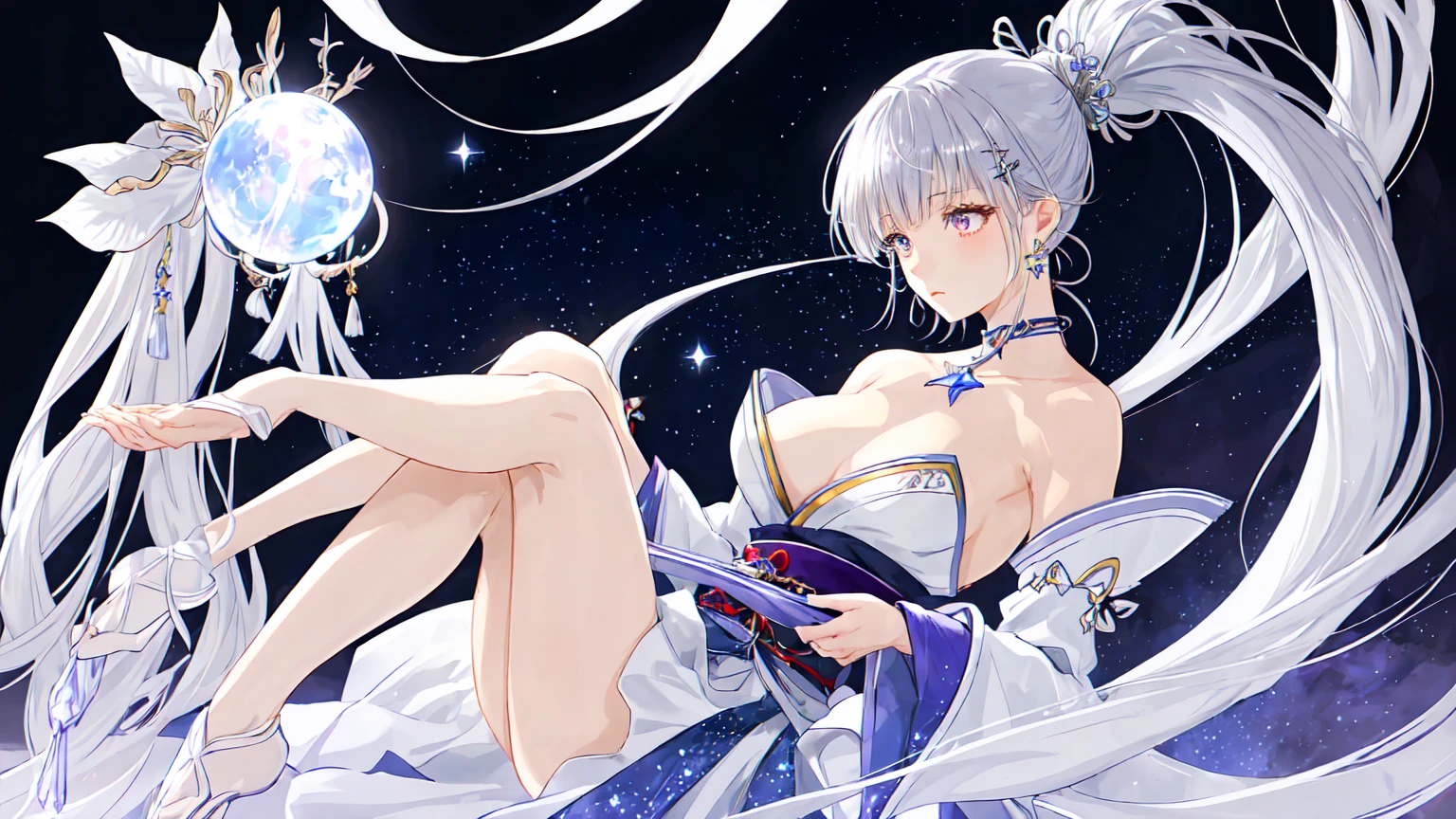 "vertical fantasy and sci-fi full-body portrait of Aiko Hoshizora, a slim, athletic woman with fair, glowing skin, long, flowing white hair in a high ponytail with a star-shaped hair clip, and loose strands framing her face. She has large, expressive eyes resembling galaxies, blending deep blues, purples, and silvers with tiny specks of light. She wears a blend of traditional Japanese kimono and futuristic space suit, with shimmering silver fabric, blue accents, and star and moon motifs. The wide, flowy sleeves have a holographic sheen. She wears a choker with a glowing crystal pendant, crescent moon earrings, and a silver bracelet with tiny star charms. The background has soft, ambient lighting, and the dominant textures are smooth and shimmering. Dominant colors: #FFFFFF (white), #0000FF (blue), #800080 (purple), #C0C0C0 (silver). The image is high-resolution and detailed, with an ethereal, mystical mood."