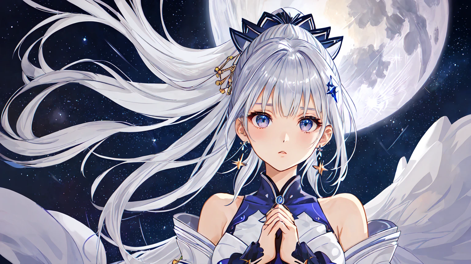 "vertical fantasy and sci-fi full-body portrait of Aiko Hoshizora, a slim, athletic woman with fair, glowing skin, long, flowing white hair in a high ponytail with a star-shaped hair clip, and loose strands framing her face. She has large, expressive eyes resembling galaxies, blending deep blues, purples, and silvers with tiny specks of light. She wears a blend of traditional Japanese kimono and futuristic space suit, with shimmering silver fabric, blue accents, and star and moon motifs. The wide, flowy sleeves have a holographic sheen. She wears a choker with a glowing crystal pendant, crescent moon earrings, and a silver bracelet with tiny star charms. The background has soft, ambient lighting, and the dominant textures are smooth and shimmering. Dominant colors: #FFFFFF (white), #0000FF (blue), #800080 (purple), #C0C0C0 (silver). The image is high-resolution and detailed, with an ethereal, mystical mood."