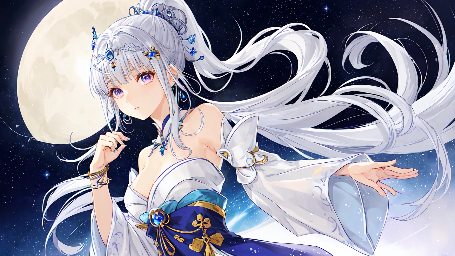 "vertical fantasy and sci-fi full-body portrait of Aiko Hoshizora, a slim, athletic woman with fair, glowing skin, long, flowing white hair in a high ponytail with a star-shaped hair clip, and loose strands framing her face. She has large, expressive eyes resembling galaxies, blending deep blues, purples, and silvers with tiny specks of light. She wears a blend of traditional Japanese kimono and futuristic space suit, with shimmering silver fabric, blue accents, and star and moon motifs. The wide, flowy sleeves have a holographic sheen. She wears a choker with a glowing crystal pendant, crescent moon earrings, and a silver bracelet with tiny star charms. The background has soft, ambient lighting, and the dominant textures are smooth and shimmering. Dominant colors: #FFFFFF (white), #0000FF (blue), #800080 (purple), #C0C0C0 (silver). The image is high-resolution and detailed, with an ethereal, mystical mood."