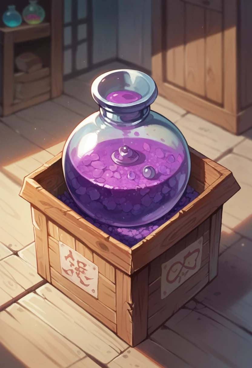 Purple potion with glitter inside a wooden box with runes. realist 
