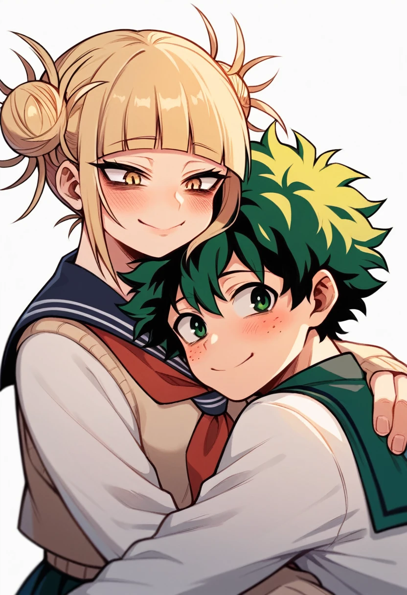 Izuku Midoriya and Himiko Toga from My Hero Academia, cuddling together, anime style, soft lighting, tender moment, close-up view, green and blonde hair, school uniforms, blushing cheeks, gentle expressions, warm color palette