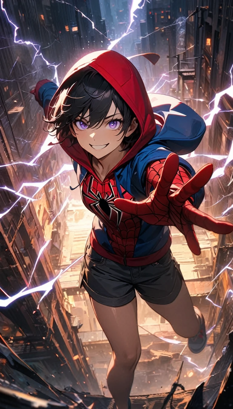 Young boy, short black hair, purple eyes, shorts, smile, SpiderMan hoodie, web, lightning, Masterpiece, best quality, Full HD, 8k, ultra details, great graphic