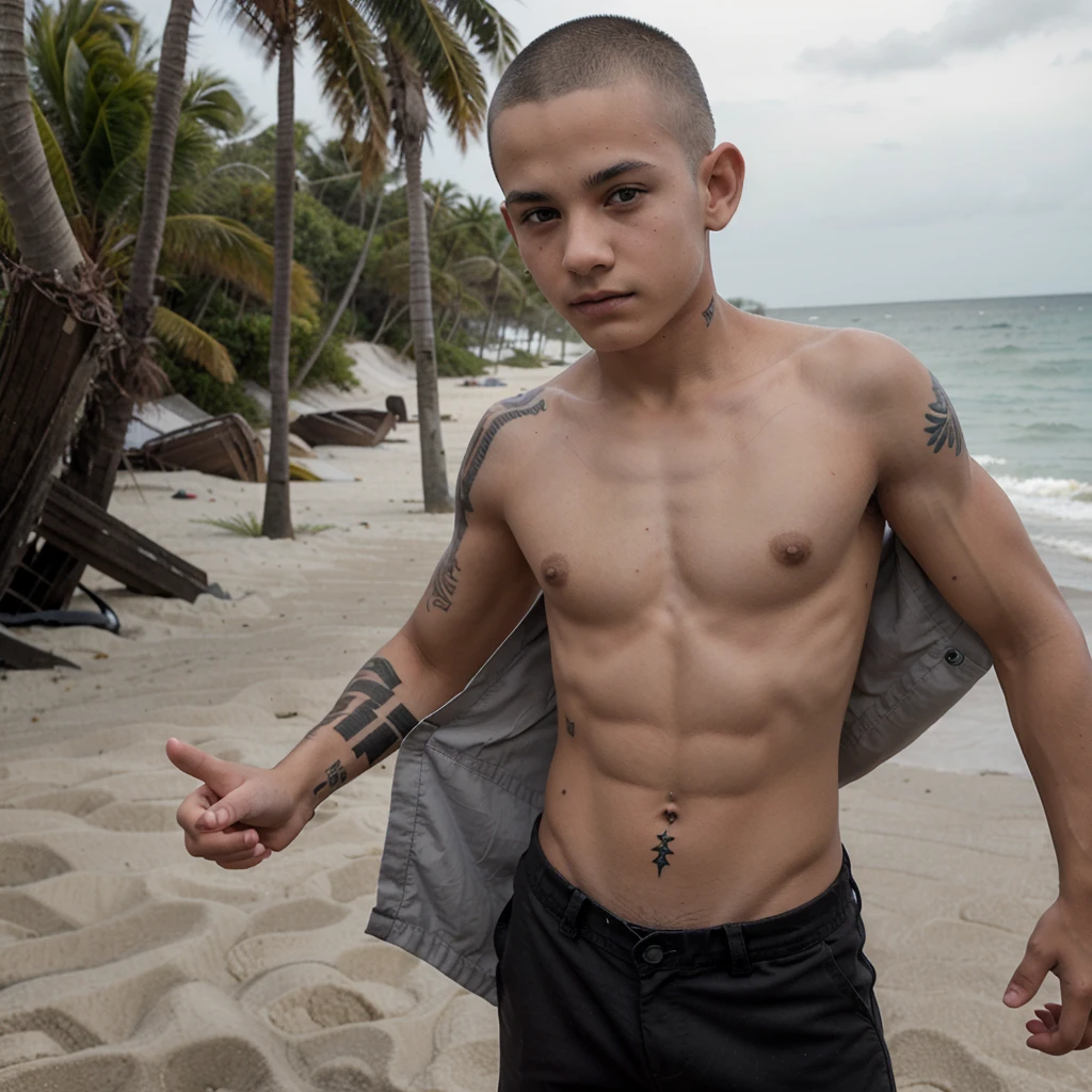 A 13-year-old male adolescent, shaved hair at 3, with gray eyes, bare chest, with a single tattoo that resembles a hurricane on his left chest, short and black pants, and on the beach.