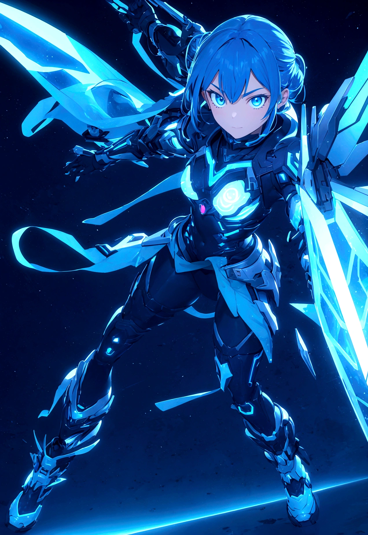 Aiko is a -yeld waor in a cyberpunk world full of magic and technology. She has cyber-blue hair, long and slightly wavy, with strands that look like optical fibers. His eyes are an intense and bright blue, reflecting your connection to magic. The skin is clear with a slight magical luminescence.
Clothing and Equipment:
Lightweight, futuristic armor that amplifies your magical powers, made of metallic material with blue and white neon details. Includes shoulder protectors, 가슴, Arms and legs.
Technological gloves with light circuits and a bracelet that projects holograms.
Energy sword with sparkling blue blade and technological details, as well as small gadgets attached to the waist.
Tall, robust boots with soles that allow for greater traction, decorated with neon lights.
Expression and Pose: Determined and courageous expression, with a touch of vulnerability in the eyes.
combat pose, with sword drawn and prepared to attack.
scenario: cyberpunk environment, with bright skyscrapers in the background, neon and holograms illuminating the scene.
Mix of ancient ruins with modern technology around it.
Magic visual effects, like sparks of blue energy or floating magical symbols.