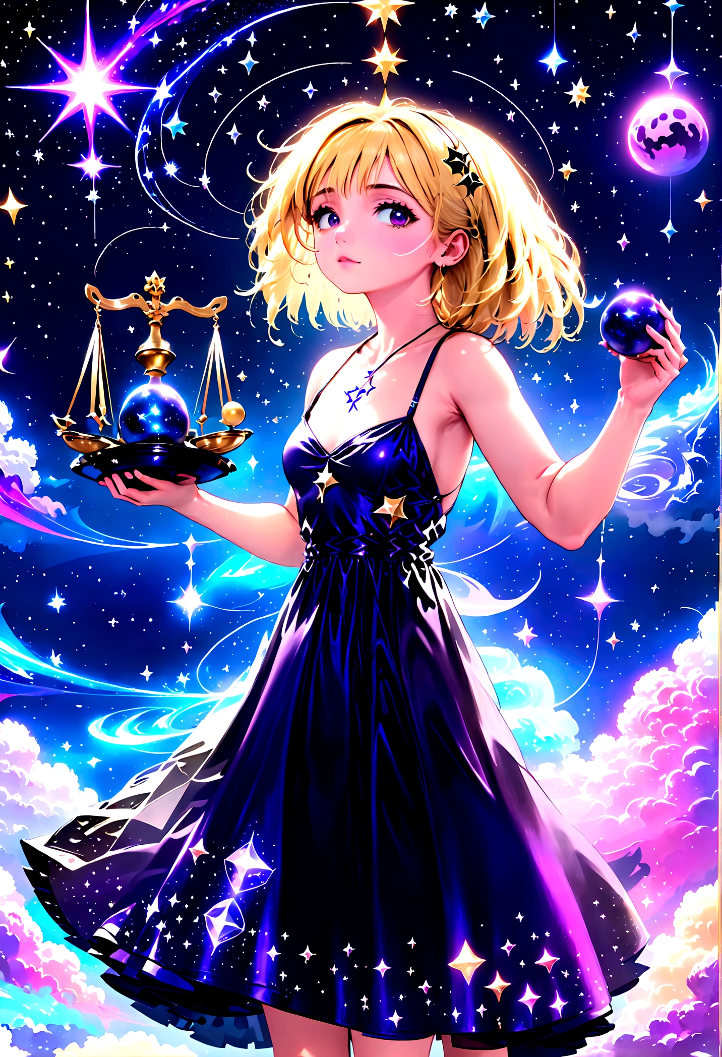 a portrait of an astrologer looking to the sky at libra constellation in the night sky, an extraordinary beautiful woman, there is magic in her eyes divining the future from the Libra constellation, blond hair, dynamic hair style, wearing an intricate dark purple dress decorated with glowing stars, she looks to the night sky seeing the ((Libra constellation in the sky: 1.5)), vibrant, Ultra-high resolution, High Contrast, (masterpiece:1.5), highest quality, Best aesthetics), best details, best quality, highres, 16k, [ultra detailed], masterpiece, best quality, (extremely detailed), Cinematic Hollywood Film, magical sky, FireMagicAI, dark novel