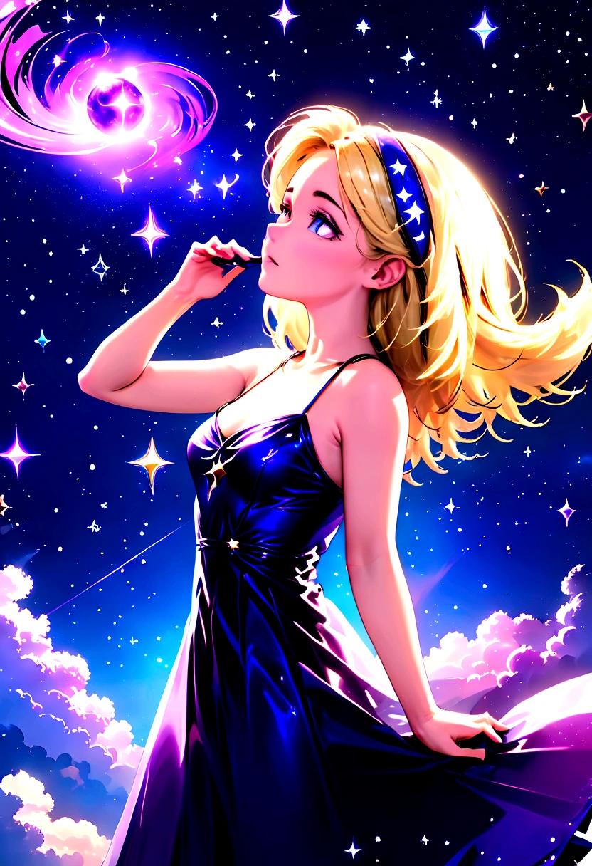 a portrait of an astrologer looking to the sky at libra constellation in the night sky, an extraordinary beautiful woman, there is magic in her eyes divining the future from the Libra constellation, blond hair, dynamic hair style, wearing an intricate dark purple dress decorated with glowing stars, she looks to the night sky seeing the ((Libra constellation in the sky: 1.5)), vibrant, Ultra-high resolution, High Contrast, (masterpiece:1.5), highest quality, Best aesthetics), best details, best quality, highres, 16k, [ultra detailed], masterpiece, best quality, (extremely detailed), Cinematic Hollywood Film, magical sky, FireMagicAI, dark novel