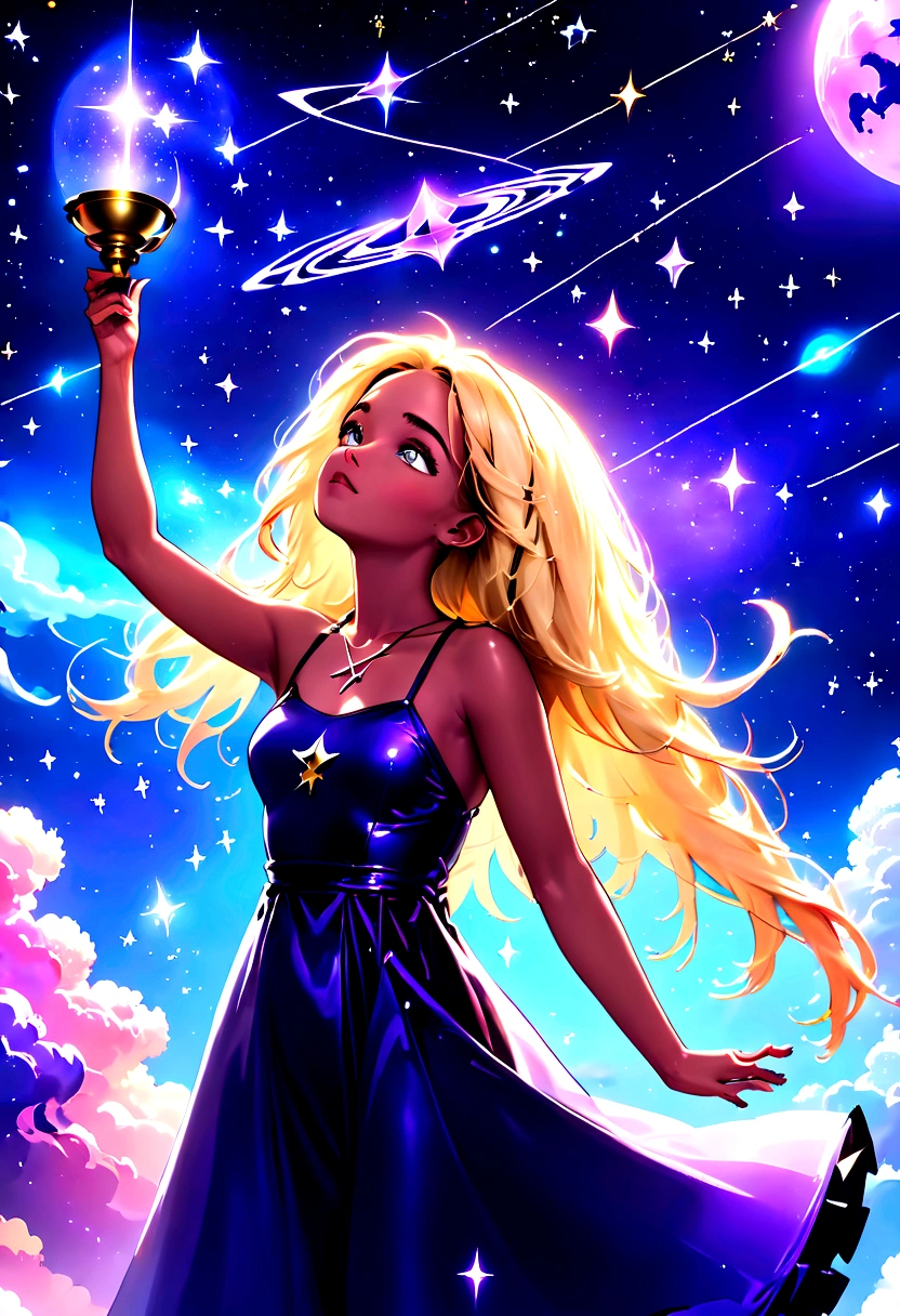 a portrait of an astrologer looking to the sky at libra constellation in the night sky, an extraordinary beautiful woman, there is magic in her eyes divining the future from the Libra constellation, blond hair, dynamic hair style, wearing an intricate dark purple dress decorated with glowing stars, she looks to the night sky seeing the ((Libra constellation in the sky: 1.5)), vibrant, Ultra-high resolution, High Contrast, (masterpiece:1.5), highest quality, Best aesthetics), best details, best quality, highres, 16k, [ultra detailed], masterpiece, best quality, (extremely detailed), Cinematic Hollywood Film, magical sky, FireMagicAI, dark novel