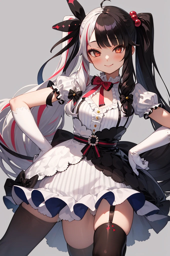 (masterpiece, best quality:1.2), solo, 1girl, yorumi rena, smile, looking at viewer, hands on hips, twintails, hair bobbles, hair ribbon, dress, striped, bow, puffy short sleeves, white gloves, asymmetrical legwear, thighhighs 