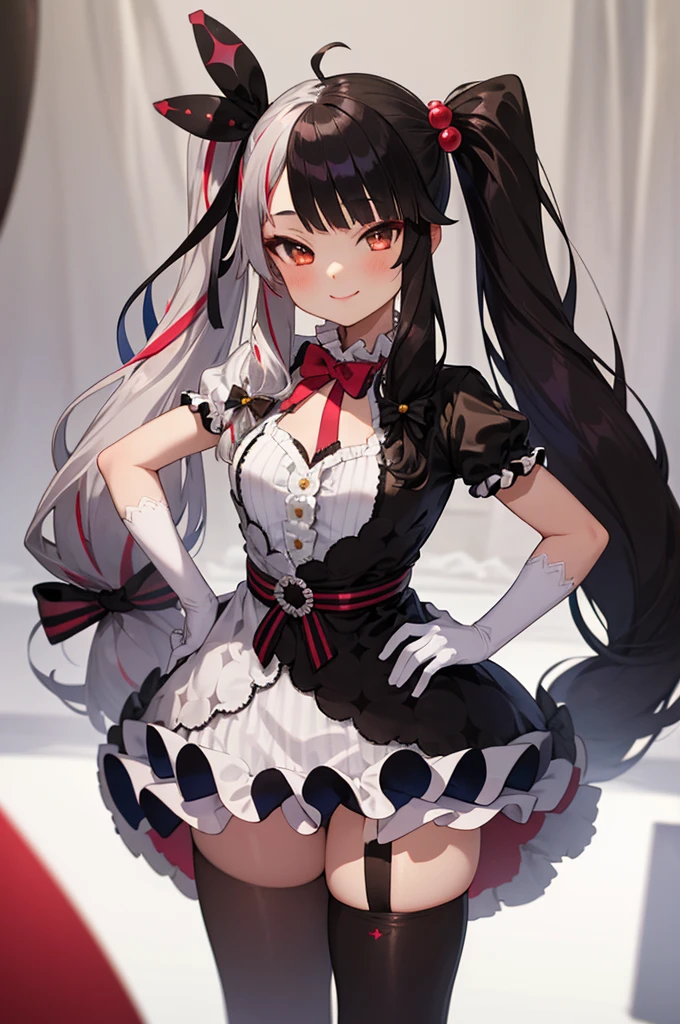 (masterpiece, best quality:1.2), solo, 1girl, yorumi rena, smile, looking at viewer, hands on hips, twintails, hair bobbles, hair ribbon, dress, striped, bow, puffy short sleeves, white gloves, asymmetrical legwear, thighhighs 