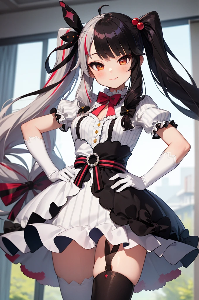 (masterpiece, best quality:1.2), solo, 1girl, yorumi rena, smile, looking at viewer, hands on hips, twintails, hair bobbles, hair ribbon, dress, striped, bow, puffy short sleeves, white gloves, asymmetrical legwear, thighhighs 