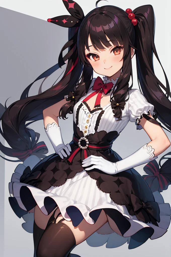 (masterpiece, best quality:1.2), solo, 1girl, yorumi rena, smile, looking at viewer, hands on hips, twintails, hair bobbles, hair ribbon, dress, striped, bow, puffy short sleeves, white gloves, asymmetrical legwear, thighhighs 