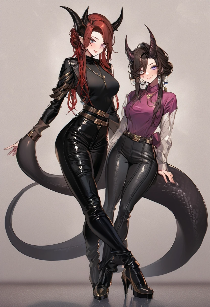 Tall woman, cheeky smile, brunette, hair gathered in a low bun, strands on the sides of face, red and black tight clothes, deep necklace, purple eyes, dragon tail and horns, belts, pants, light lipstick, high heels leather boots