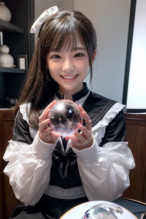 ((Highest quality、masterpiece、8K))、Anatomically correct、Very detailed、High resolution、Realistic、Beautiful white skin、((Beautiful, starry, almond-shaped, detailed eyes))、Well-formed nose bridge、Intricate details、Cinematic lighting、((Sit on a chair))、((Dark room without light))、(((The desk in front of me)))(((A large crystal ball on a desk)))(((Hold your right hand over the crystal ball)))、(((The left hand is a piece)))、(((Black Sailor Suit)))、(((Smiling with visible canines)))