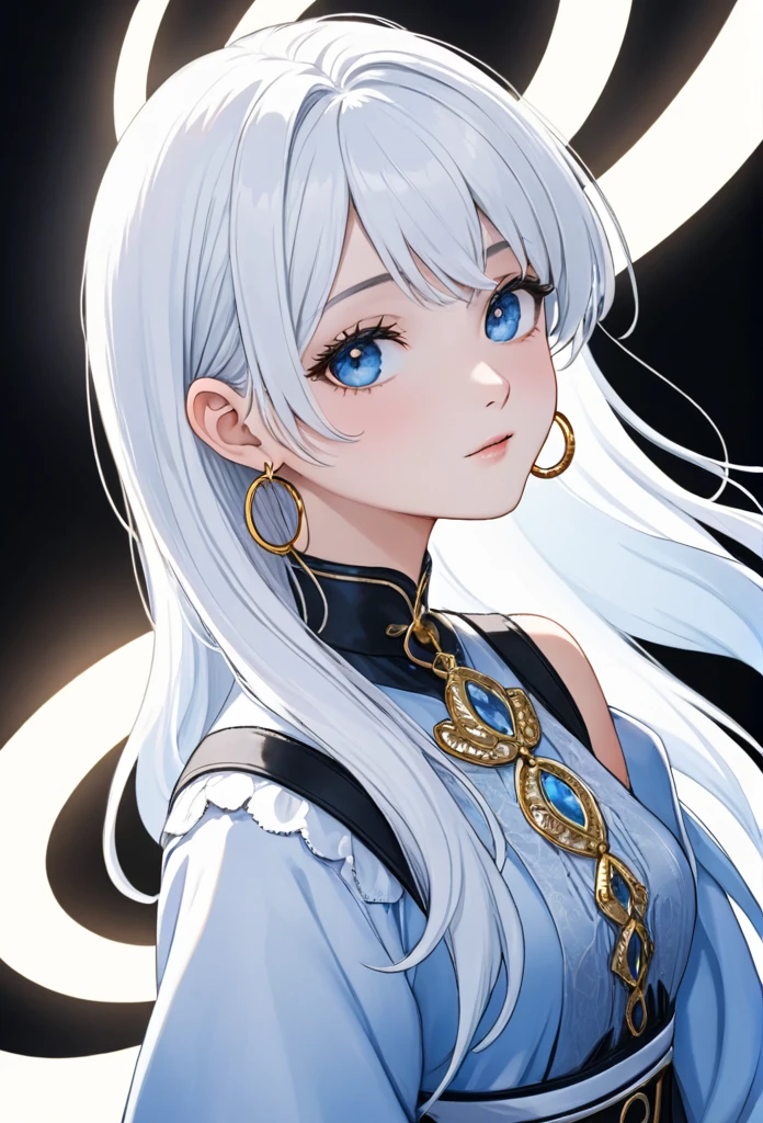 Boy man with white hair somewhat long to the neck, with fringe up to the ear, big tender light blue eyes, delicate white skin with hoop earrings, somewhat feminine facial features