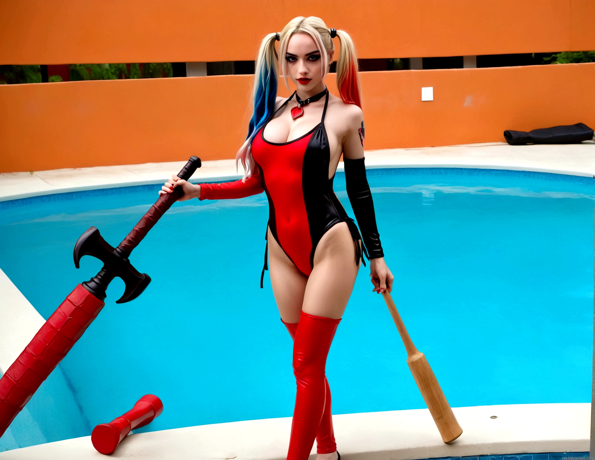 A cute woman in a Harley Quinn cosplay, wearing a sexy red and black swimsuit, striking various provocative poses by the poolside, large fake weapons like baseball bats and mallets scattered around, vibrant colors, highly detailed, photorealistic, 8K, studio lighting, dynamic composition
