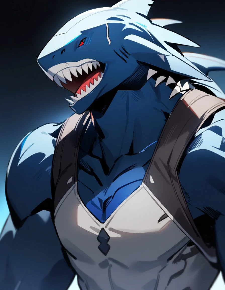 (1boy,) male focus, shark hybrid, dark blue eye color, masterpiece, best quality, high quality, upper body, male focus, red skin color
