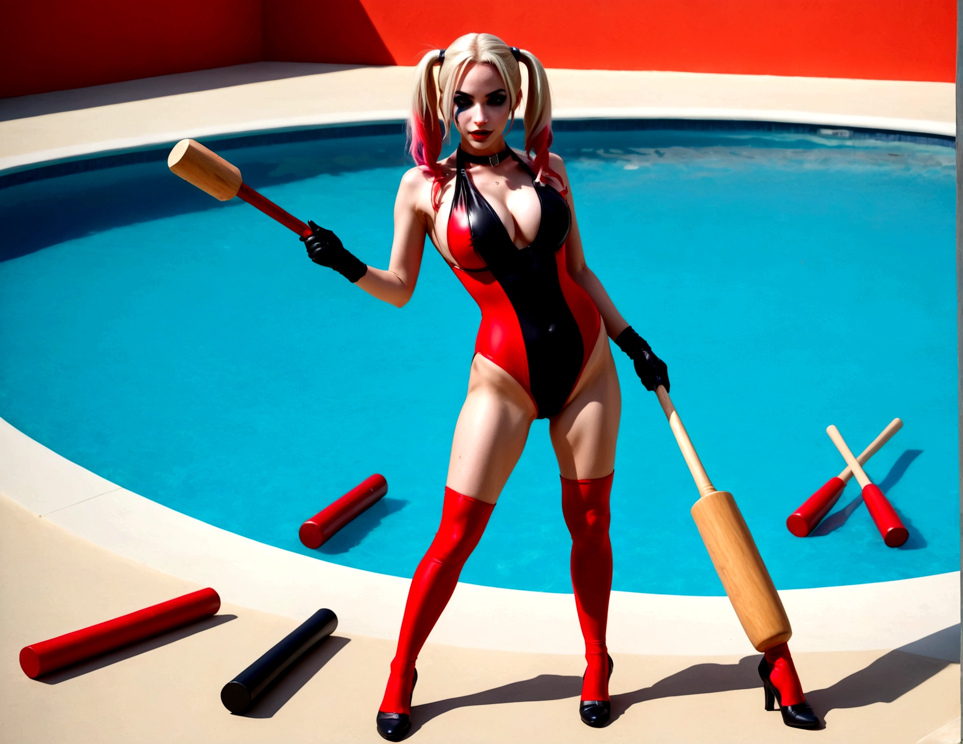 A cute woman in a Harley Quinn cosplay, wearing a sexy red and black swimsuit, striking various provocative poses by the poolside, large fake weapons like baseball bats and mallets scattered around, vibrant colors, highly detailed, photorealistic, 8K, studio lighting, dynamic composition